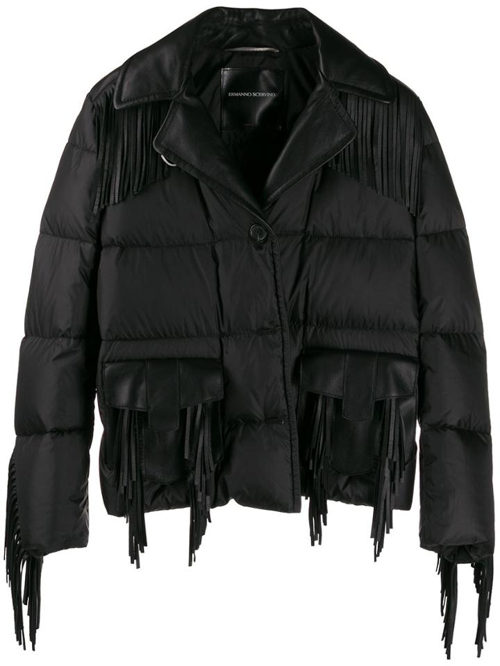 Ermanno Scervino Leather Fringe Puffer Jacket - Black
