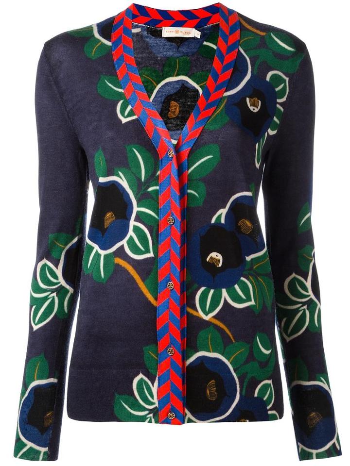 Tory Burch Floral Pattern Buttoned Cardigan, Women's, Size: Medium, Blue, Viscose/merino/polyamide/spandex/elastane