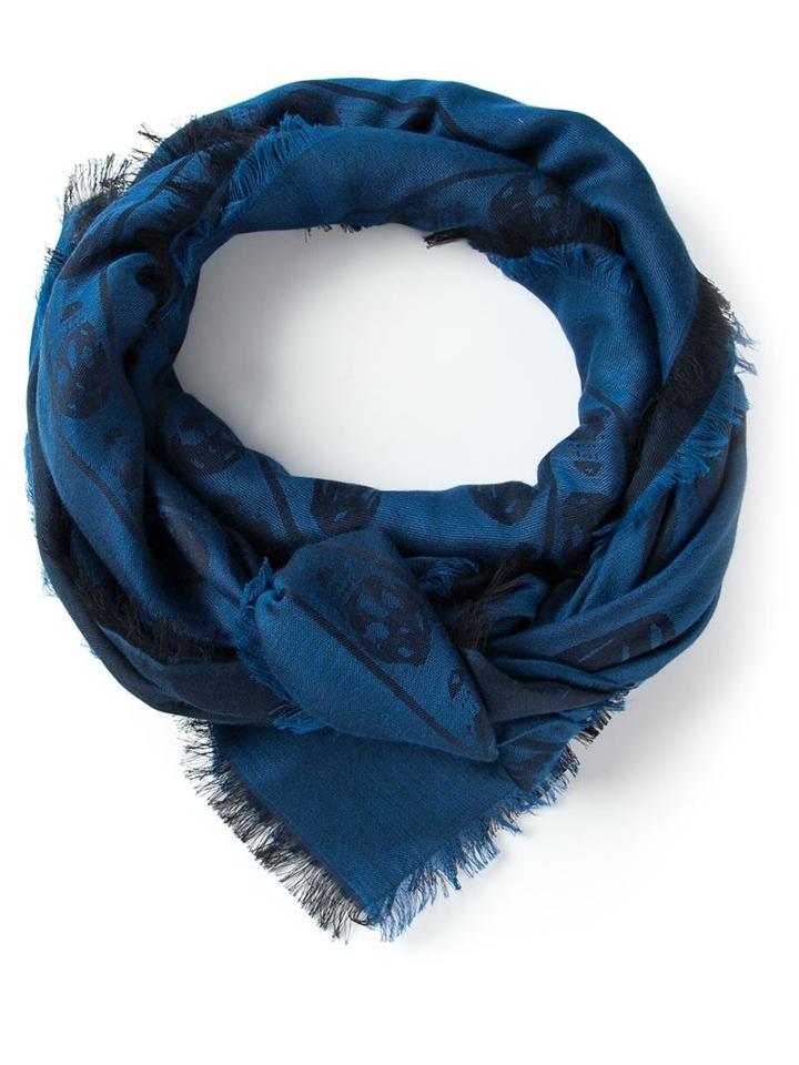 Alexander Mcqueen Skull Print Scarf, Men's, Blue, Cotton/viscose