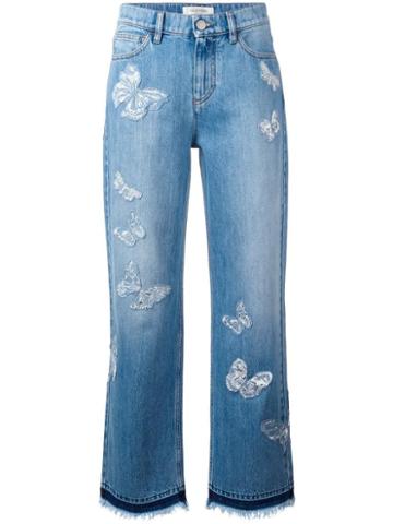 Valentino Butterfly Appliqué Boyfriend Jeans, Women's, Size: 29, Blue, Cotton