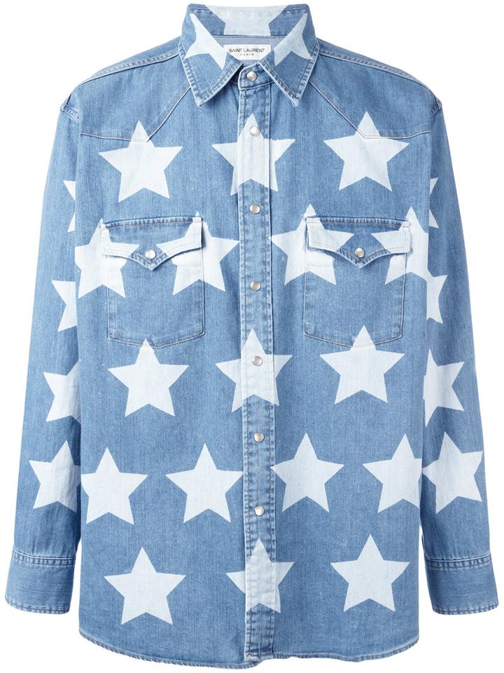 Saint Laurent Star Print Oversized Shirt, Men's, Size: Small, Blue, Cotton