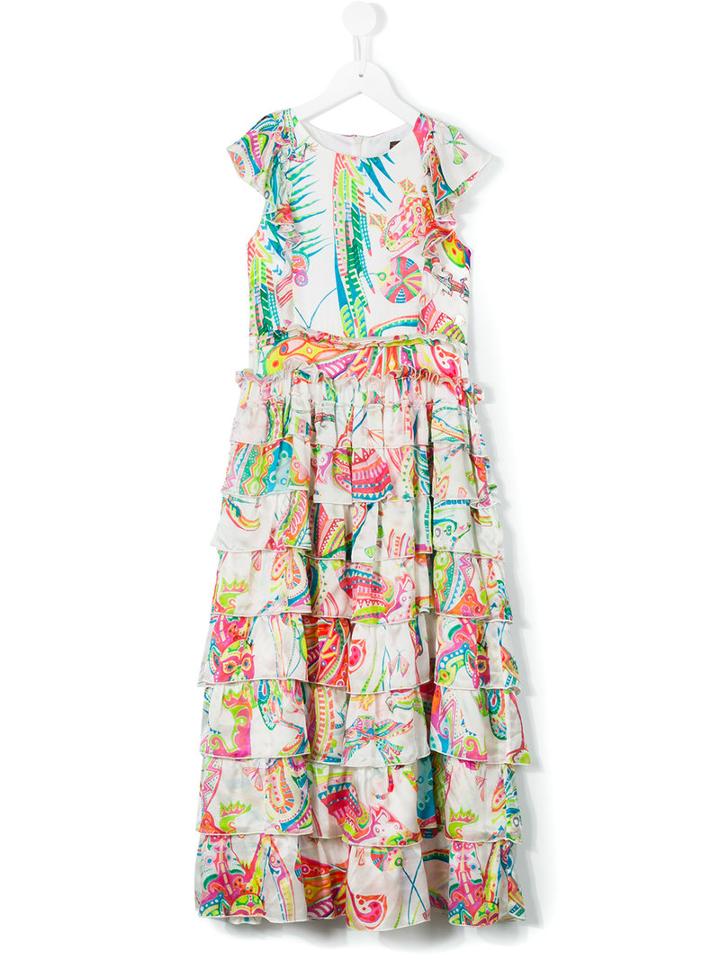 Roberto Cavalli Kids Printed Tiered Ruffled Dress, Girl's, Size: 6 Yrs, White