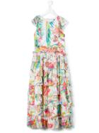 Roberto Cavalli Kids Printed Tiered Ruffled Dress, Girl's, Size: 6 Yrs, White