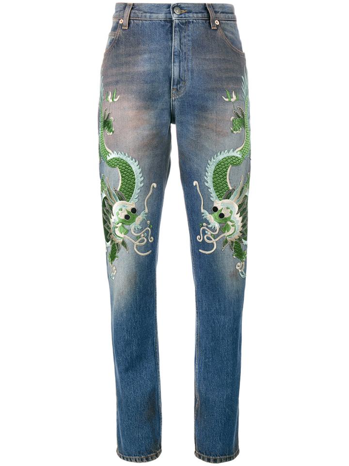 Gucci Embroidered Dragon Jeans - Blue