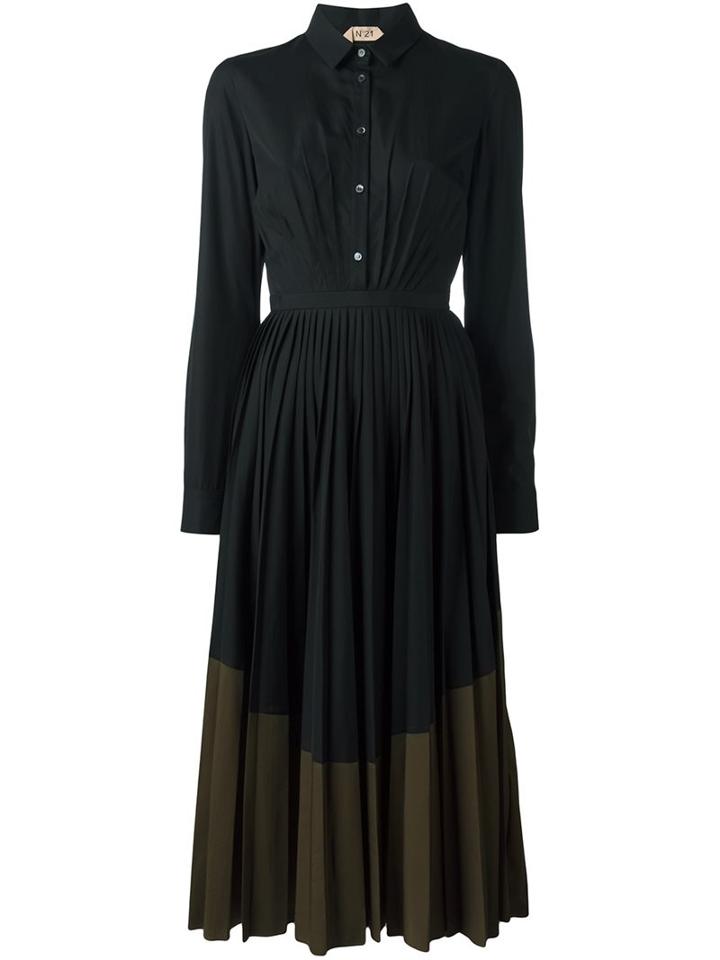 No21 Flared Pleated Shirt Dress, Women's, Size: 44, Black, Cotton