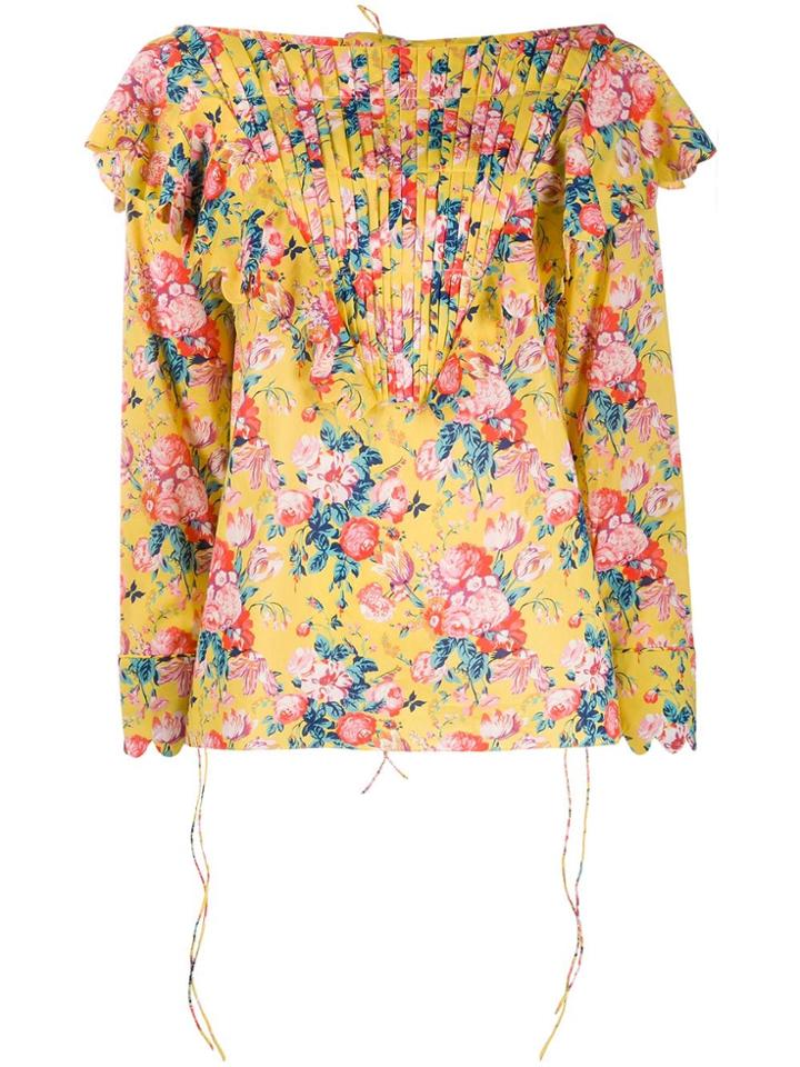 Horror Vacui Ruffle Trimmed Floral Top - Yellow