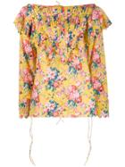 Horror Vacui Ruffle Trimmed Floral Top - Yellow