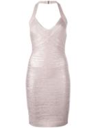 Hervé Léger - Halterneck Fitted Dress - Women - Nylon/spandex/elastane/rayon - M, Pink/purple, Nylon/spandex/elastane/rayon