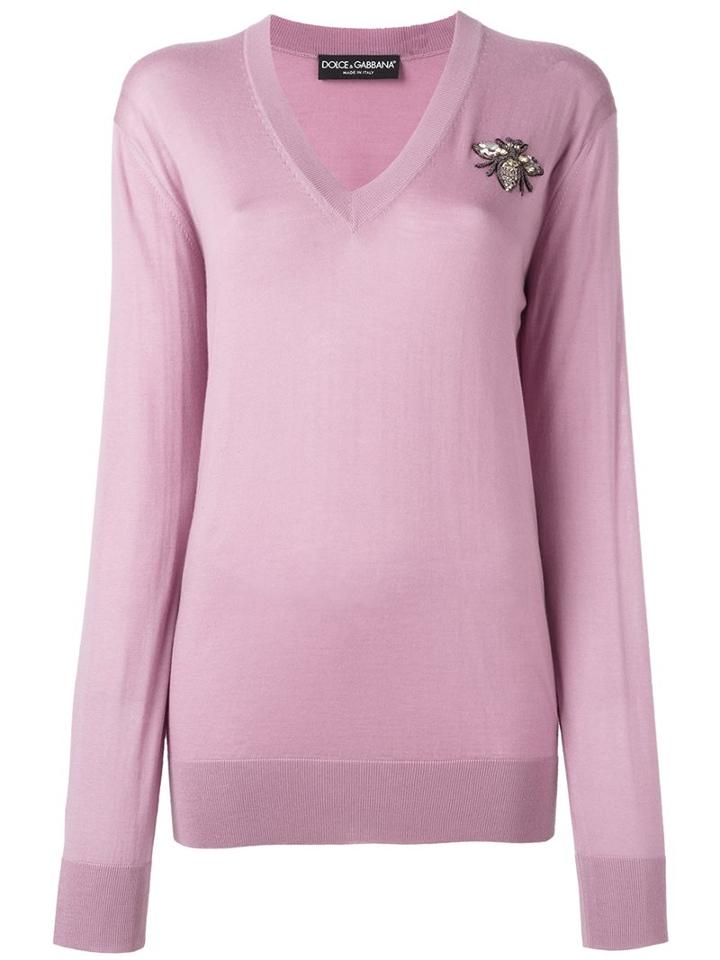 Dolce & Gabbana Bee Appliqué Jumper, Women's, Size: 46, Pink/purple, Silk/cotton/acetate/brass