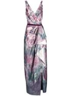 Marchesa Notte Shiny Floral Print Draped Gown - Pink