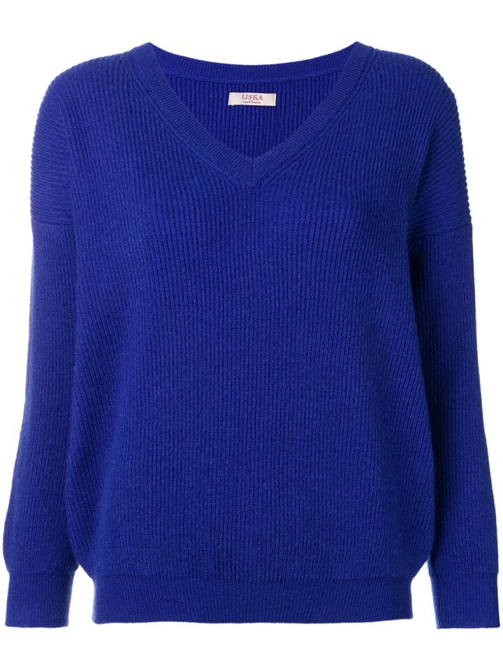 Liska Ribbed V-neck Jumper - Blue