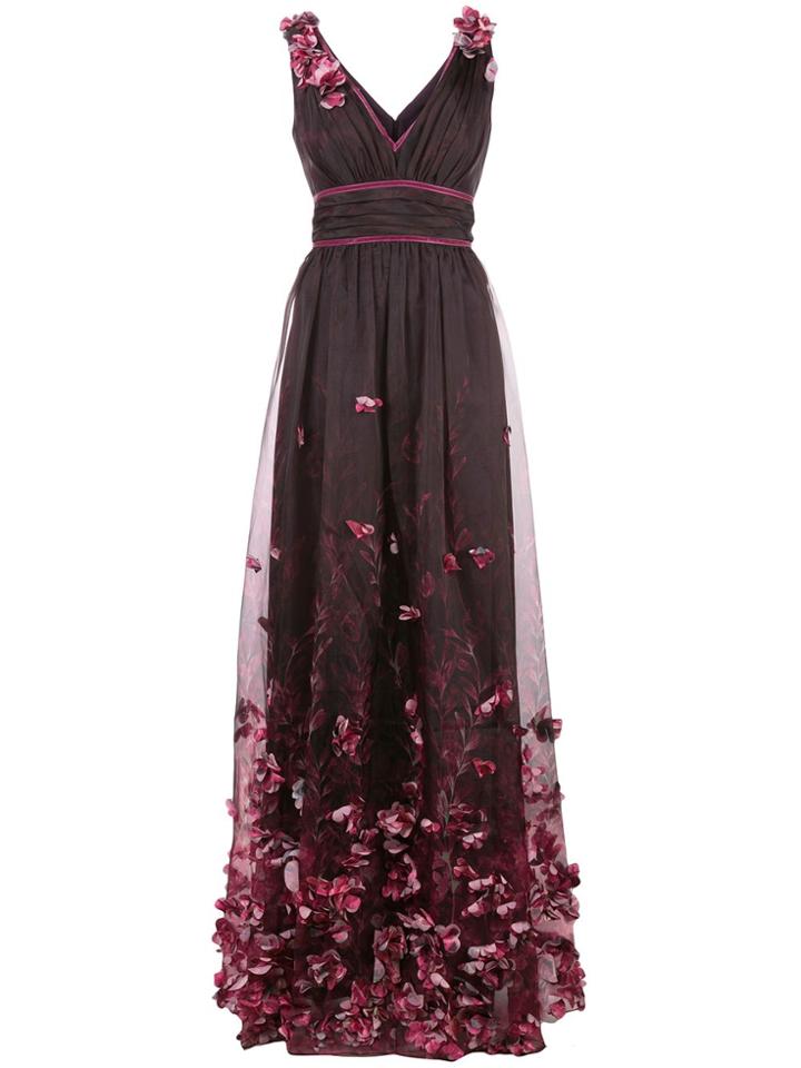 Marchesa Notte Halter V-neck 3d Floral Print Organza Gown - Pink