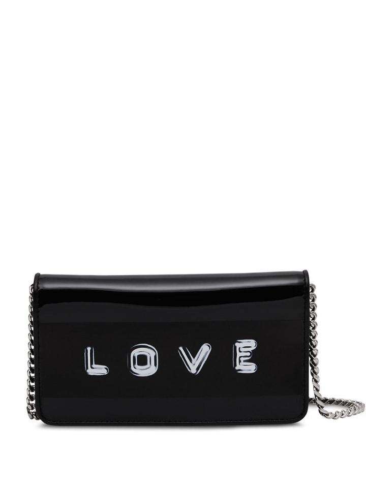 Burberry Tape Print Laminated Phone Wallet With Strap - Black