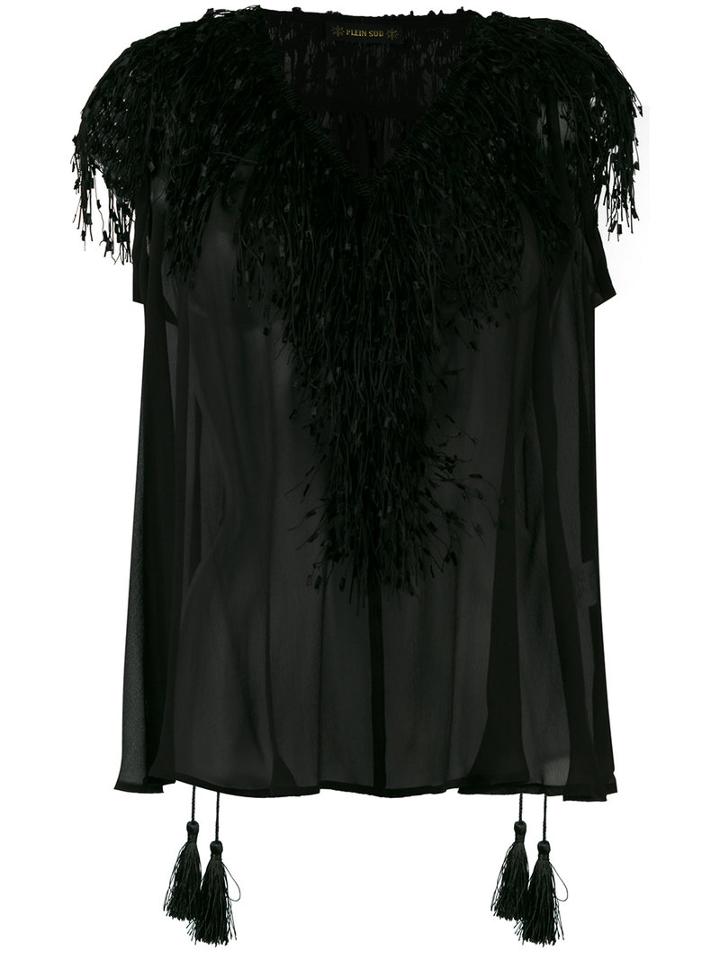 Plein Sud - Fringed Detail Blouse - Women - Silk/polyester - 42, Black, Silk/polyester
