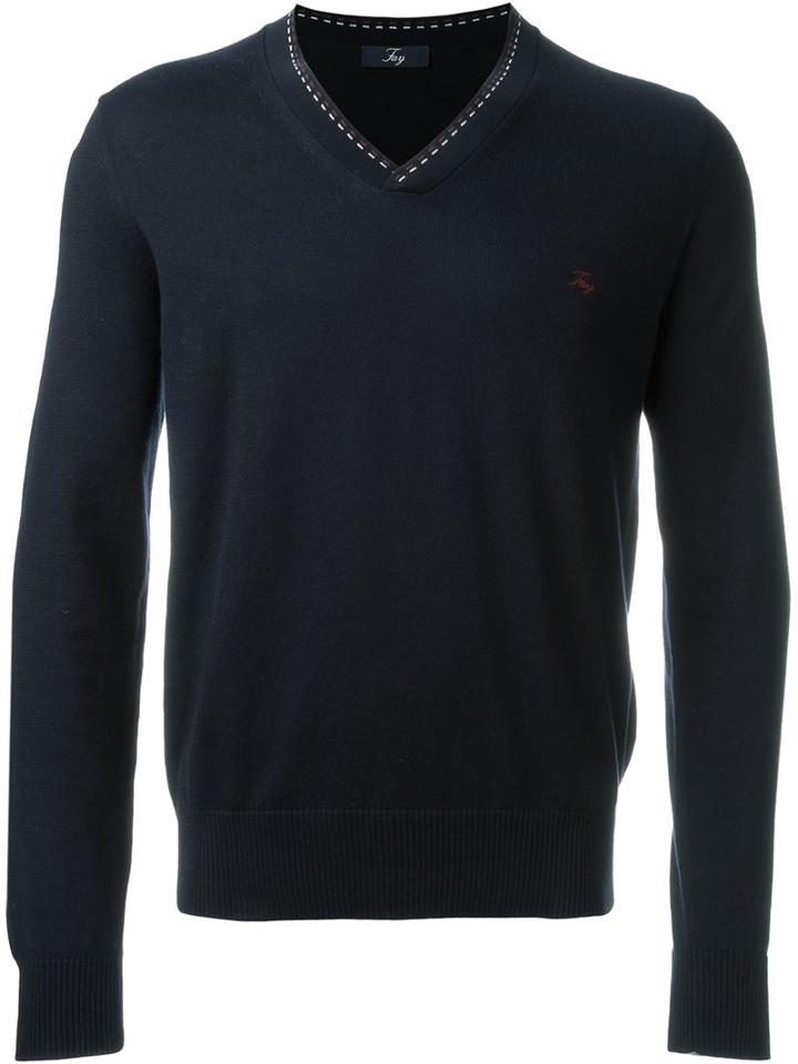 Fay V-neck Logo Jumper, Men's, Size: 48, Blue, Cotton