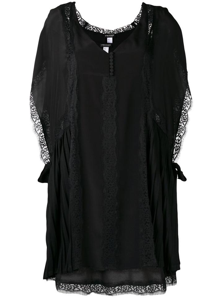 Twin-set - Pleated Detail Lace Dress - Women - Polyamide/polyester - Xs, Black, Polyamide/polyester