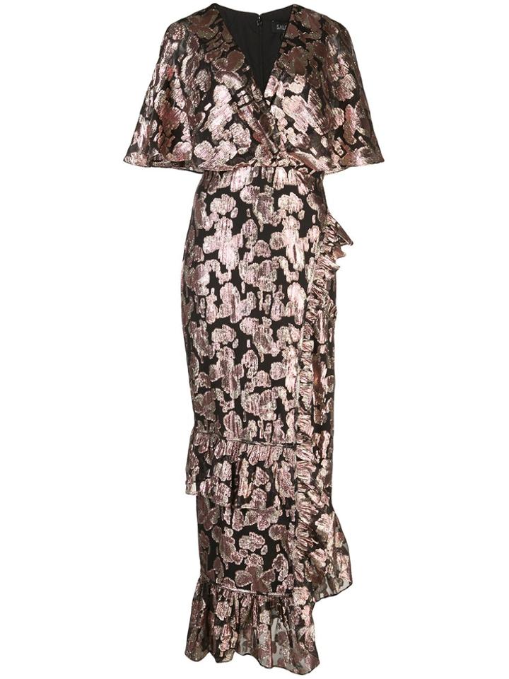 Saloni Metallic Rose Brocade Dress - Black