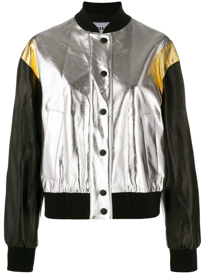 Msgm Cropped Metallic Finish Bomber Jacket - Silver