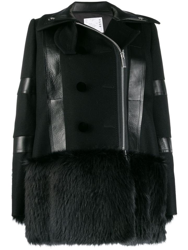 Sacai Faux Fur-trimmed Coat - Black