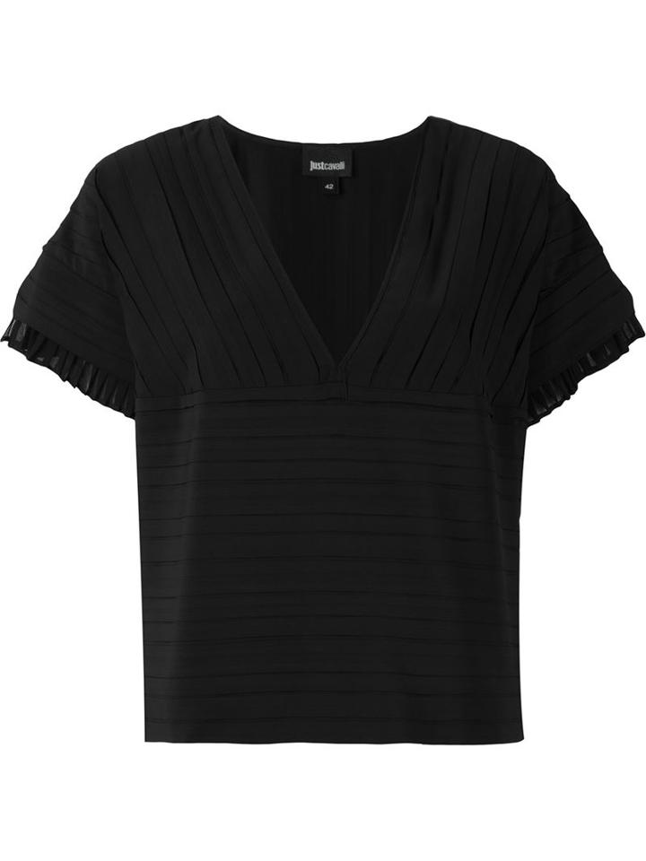 Just Cavalli Pleated V-neck Boxy Top, Women's, Size: 40, Black, Polyester/spandex/elastane
