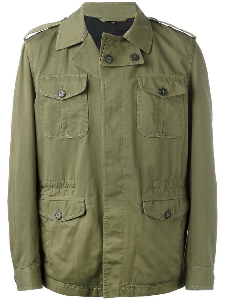 Roberto Cavalli Embroidered Tiki Tiger Military Jacket, Men's, Size: 54, Green, Cotton/linen/flax/polyester