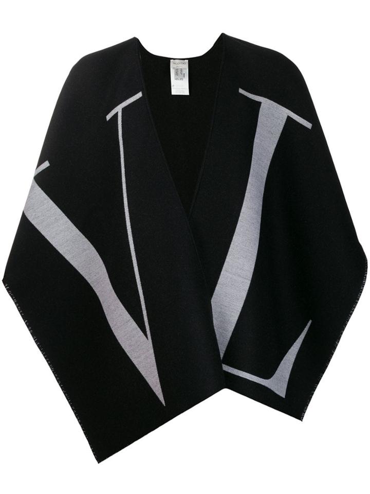Valentino Logo Print Fringed Scarf - Black
