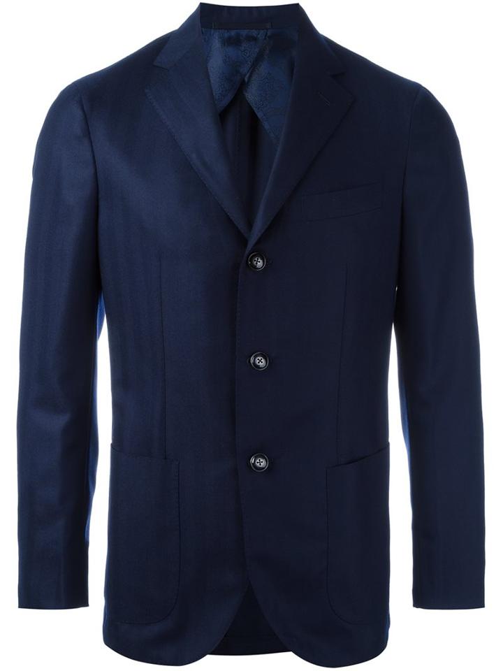 Barba Notched Lapel Blazer, Men's, Size: 48, Blue, Cashmere/virgin Wool