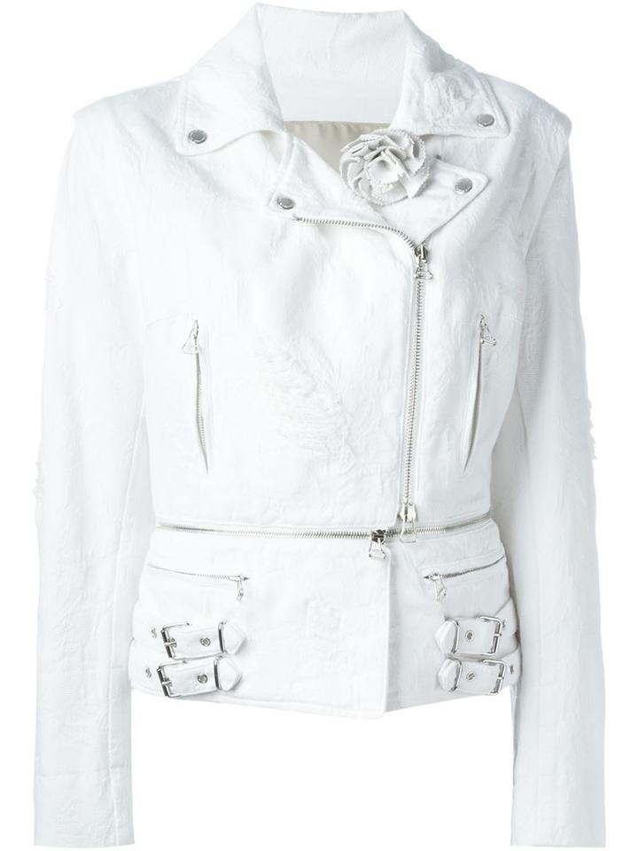 Ermanno Scervino Textured Zipper Jacket, Women's, Size: 44, White, Cotton/leather