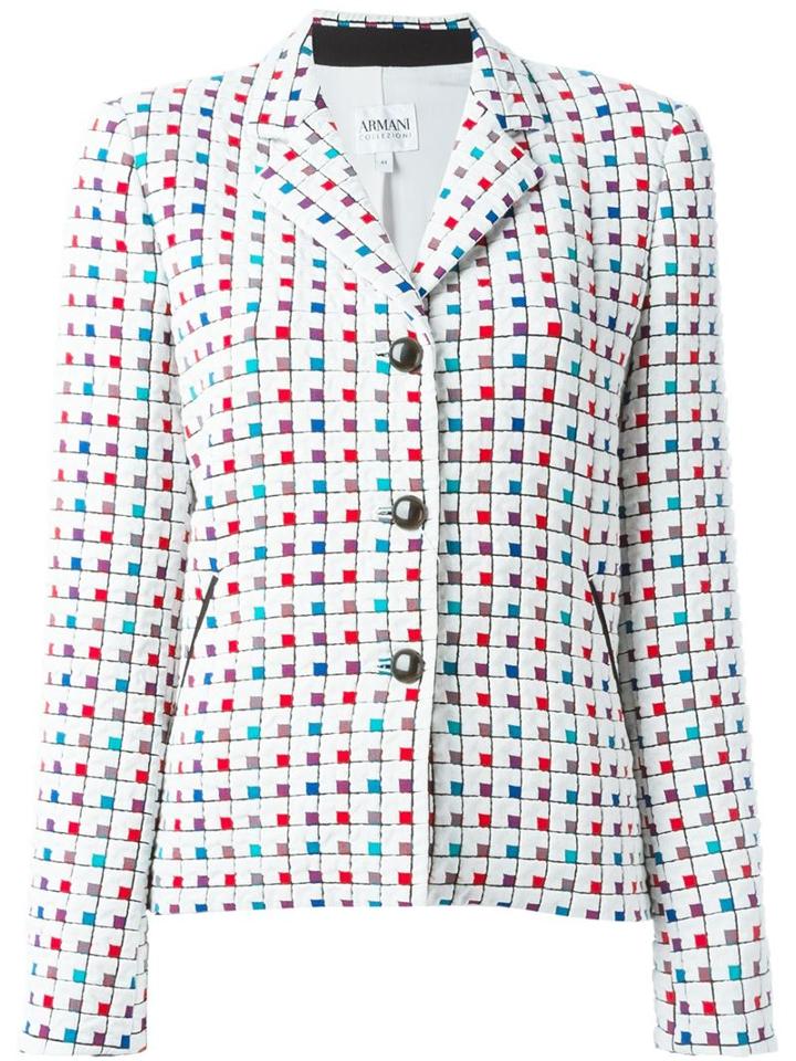 Armani Collezioni Checked Blazer, Women's, Size: 48, White, Cotton/polyester/spandex/elastane/polyester