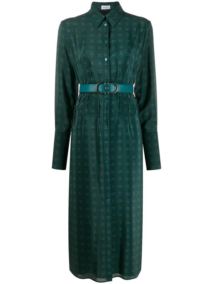 Salvatore Ferragamo Gancini Motif Shirt Dress - Green