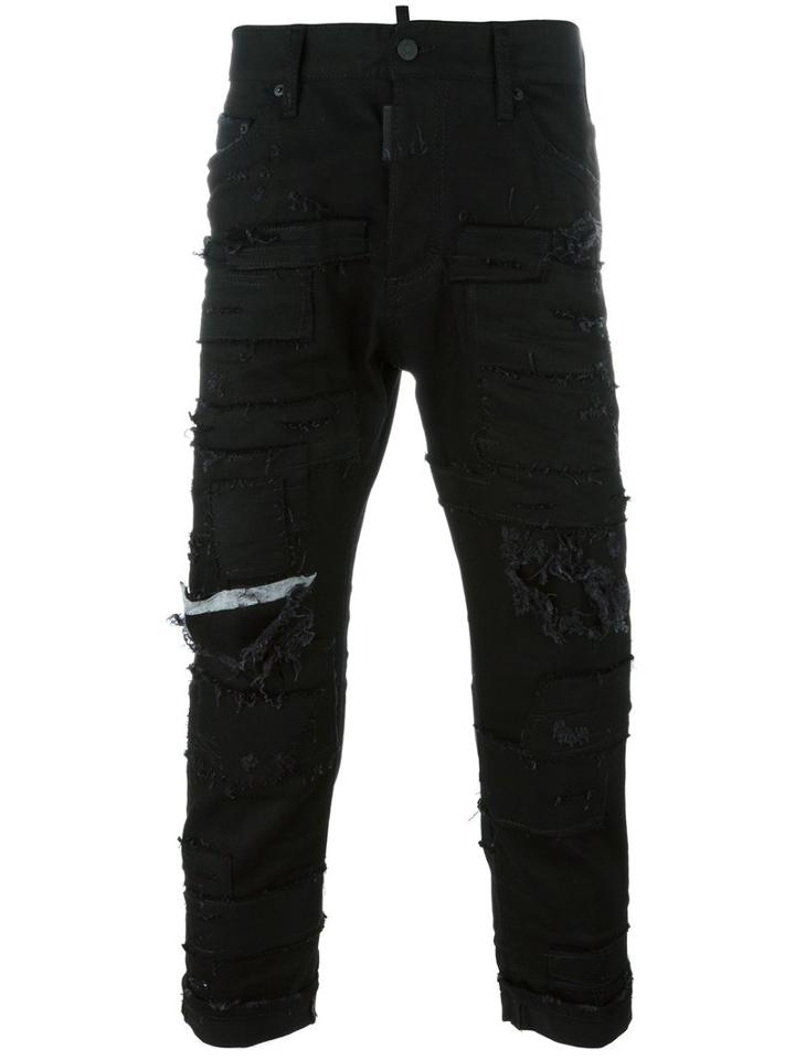 Dsquared2 Glam Head Distressed Patchwork Jeans, Size: 46, Black, Cotton/spandex/elastane/calf Leather