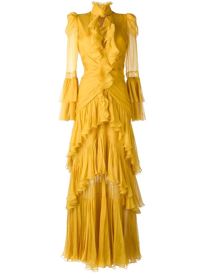 Roberto Cavalli Tiered Ruffled Gown, Women's, Size: 40, Yellow/orange, Silk/cotton