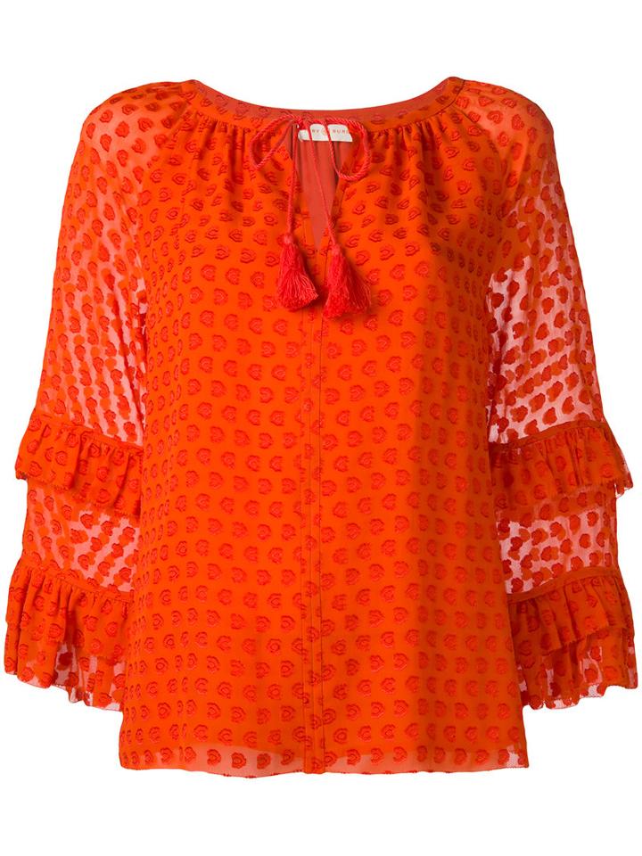Tory Burch Ruffled Sleeves Patterned Blouse, Women's, Size: 8, Red, Silk/polyester/viscose
