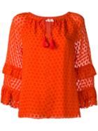 Tory Burch Ruffled Sleeves Patterned Blouse, Women's, Size: 8, Red, Silk/polyester/viscose