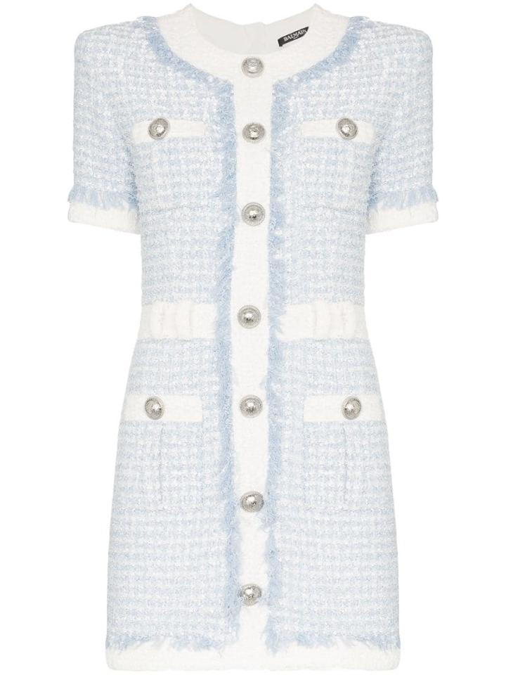 Balmain Buttoned Tweed Mini Dress - Blue