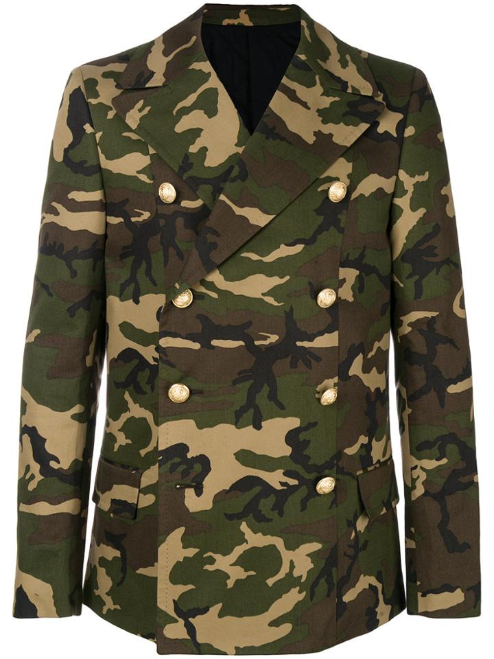 Balmain Camouflage Double-breasted Coat - Green