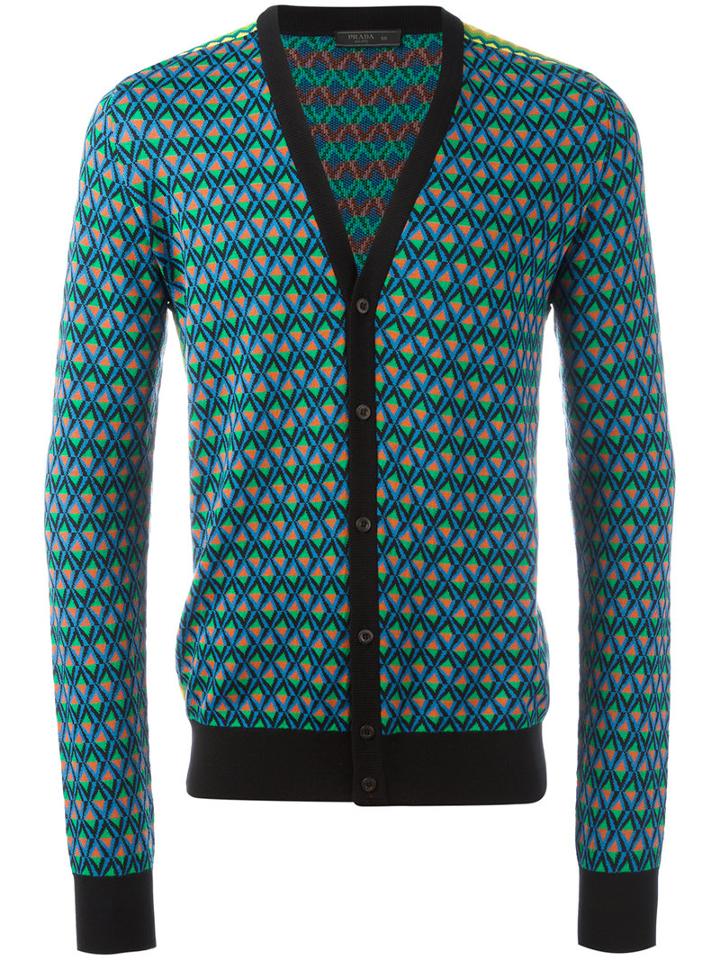 Prada Geometric V-neck Cardigan, Men's, Size: 48, Green, Silk/cotton/polyester/wool