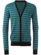 Prada Geometric V-neck Cardigan, Men's, Size: 48, Green, Silk/cotton/polyester/wool