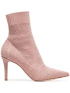 Gianvito Rossi Pink Fiona 85 Bouclé Stretch Fabric Ankle Booties -