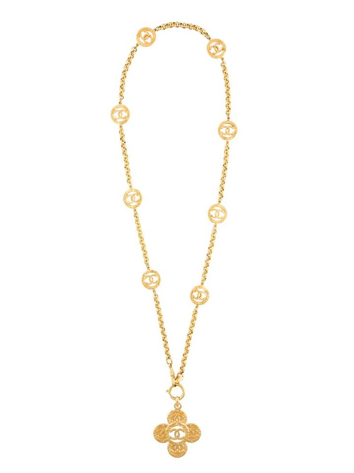Chanel Vintage Clover Leaf Logo Plaque Necklace, Women's, Metallic