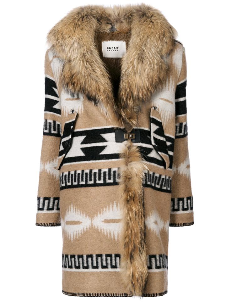 Bazar Deluxe Printed Coat With Faux Fur Collar - Brown