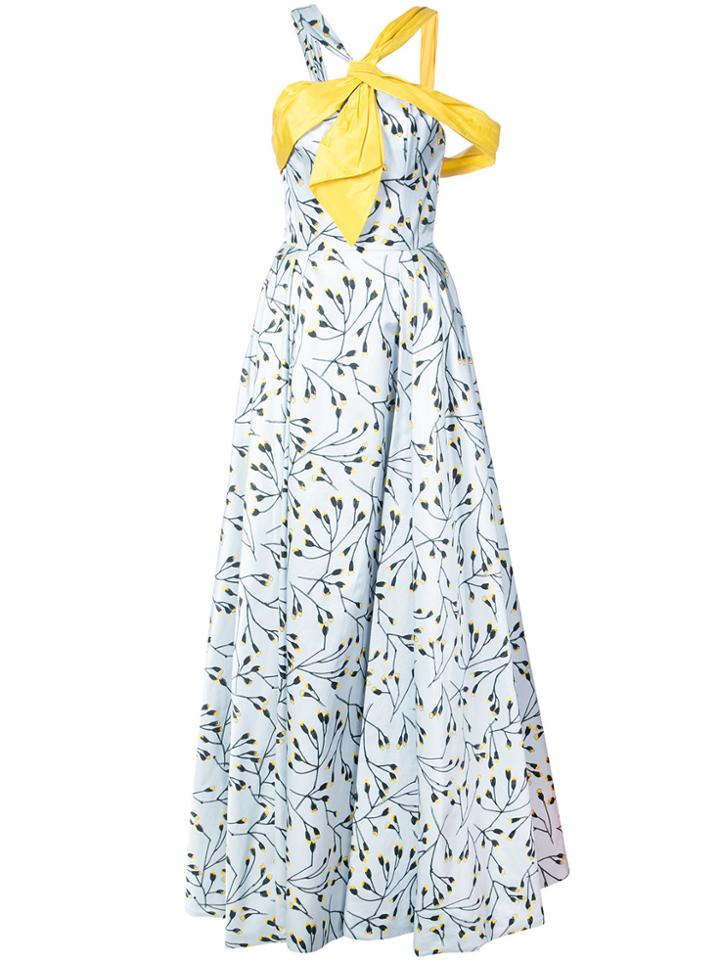 Carolina Herrera Floral Sateen Neck Gown - Blue