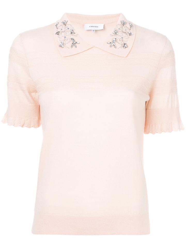 Carven - Embellished Collar Knitted Top - Women - Silk/merino - S, Pink/purple, Silk/merino