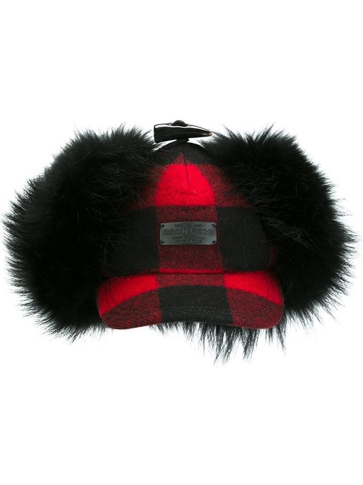 Dsquared2 Checked Ear Flap Cap, Women's, Size: Small, Black, Calf Leather/polyester/viscose/cattle Horn