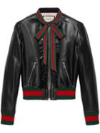 Gucci - Ruffle Leather Bomber Jacket - Women - Leather/satin - 42, Black, Leather/satin