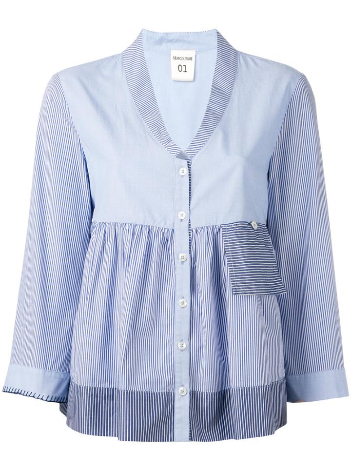 Erika Cavallini Striped Ruffled Buttoned Blouse, Women's, Size: 40, Blue, Cotton