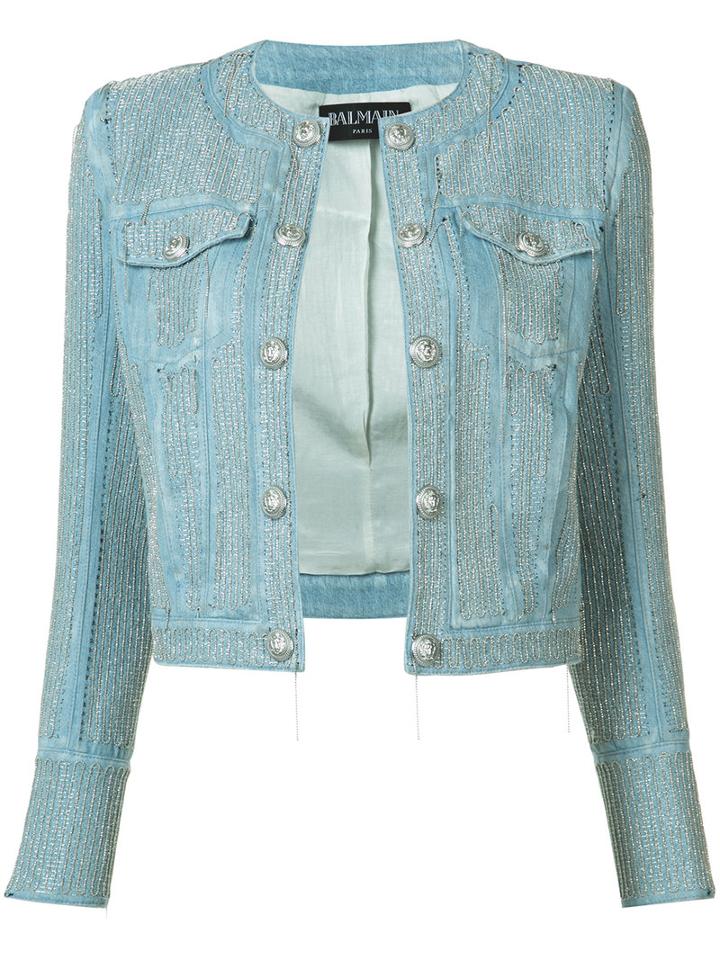 Balmain Cropped Embroidered Jacket, Women's, Size: 36, Blue, Cotton/polyester/viscose