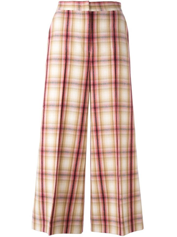 Msgm Plaid Wide Leg Cropped Trousers, Women's, Size: 40, Nude/neutrals, Polyester/virgin Wool