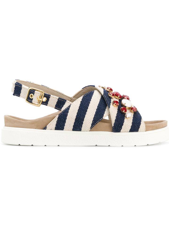 Inuiki Striped Embellished Criss Cross Sandals - White