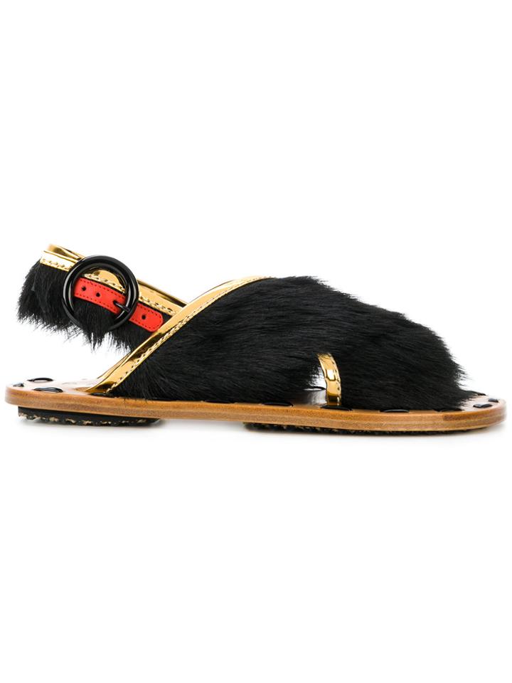 Marni Crossover Fur Sandals - Black